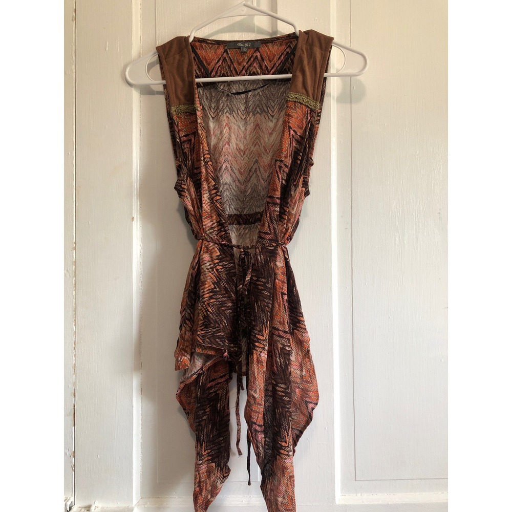 Miss Me Chevron Festival Boho Vest Top Brown Orange Suede Trim Small